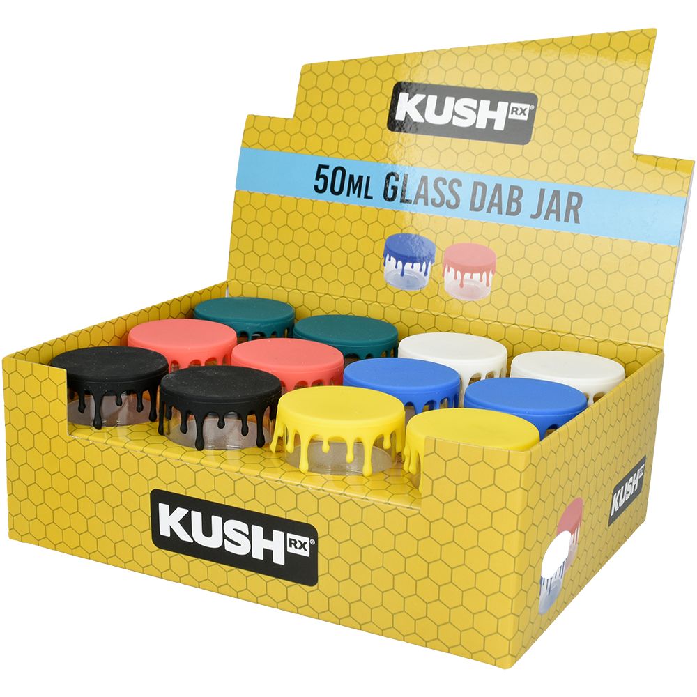 24CT - Kush RX Glass Concentrate Jar w/ Silicone Lid - 50ml/Assorted Colors